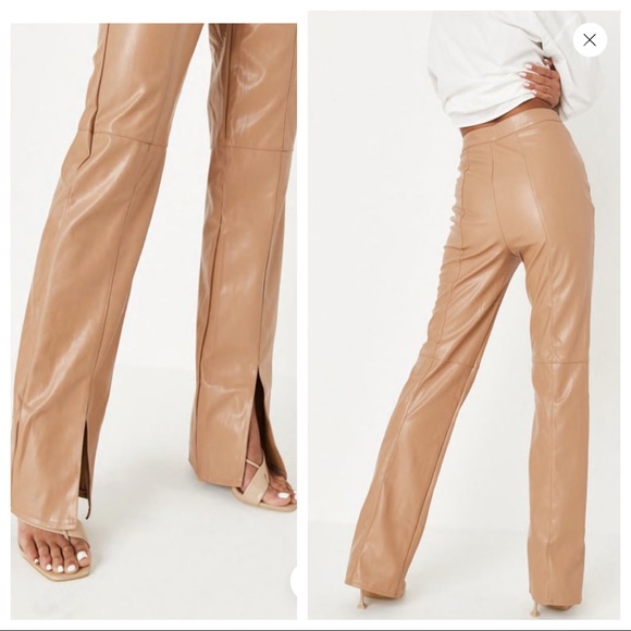 mocha faux leather split front pants